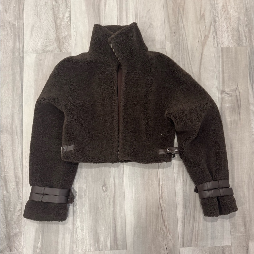 MAJORELLE Black Teddy Jacket Cropped Plush Fleece